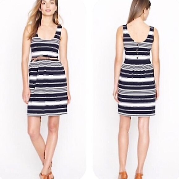 J. CREW Villa Dress Navy Blue Cream Ivory Striped Sleeveless Fit Flare Cotton XS - Picture 4 of 12